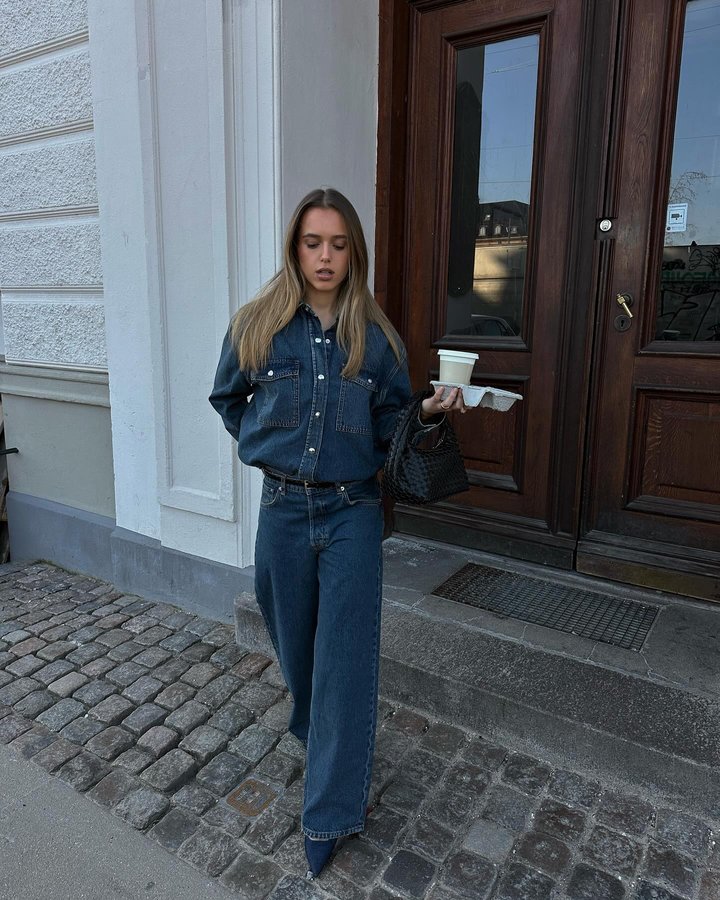 Instagram post by @oliviabrenting for ANINE BING. Caption reads: annonce @aninebingofficial | denim on denim <3.