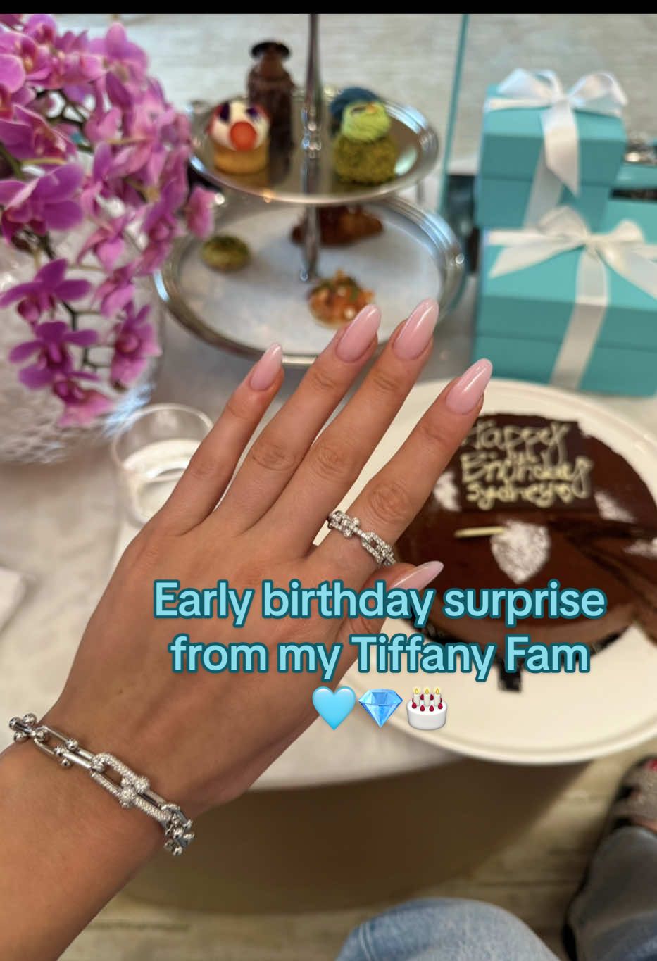 TikTok post by @misssydneyblank for Tiffany & Co.. Caption reads: Thank you @Tiffany&Co. for the early birthday....