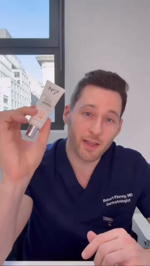 Instagram post by @robertfinneymd for No7 USA. Caption reads: [...] Defense Shield Moisturizer SPF 50 from....