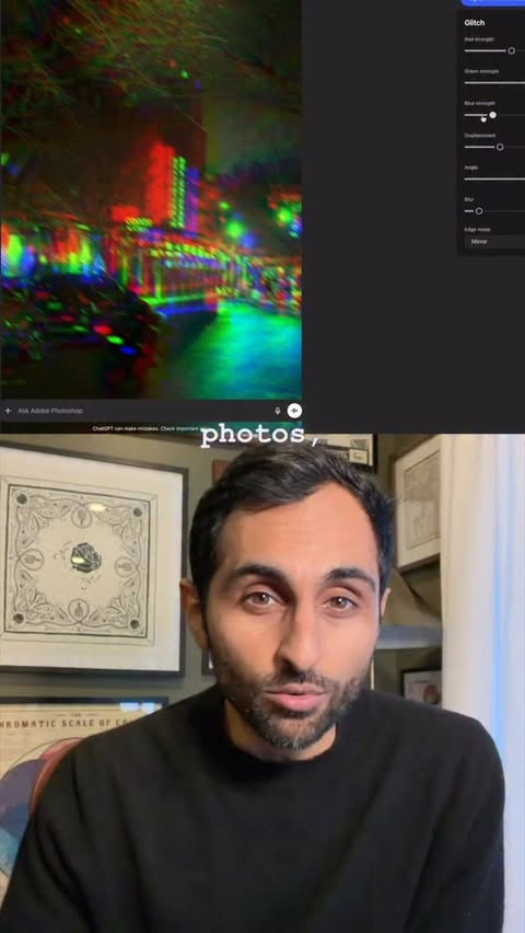 Instagram post by @shwinnabegobrand for Adobe Photoshop. Caption reads: The new @adobe integrations in ChatGPT make it....