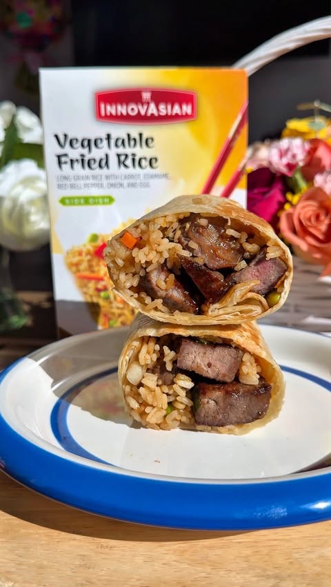 Instagram post by @imashleybreannn for InnovAsian Cuisine. Caption reads: Teriyaki Steak Fried Rice Burritos 🤤 A weeknight....