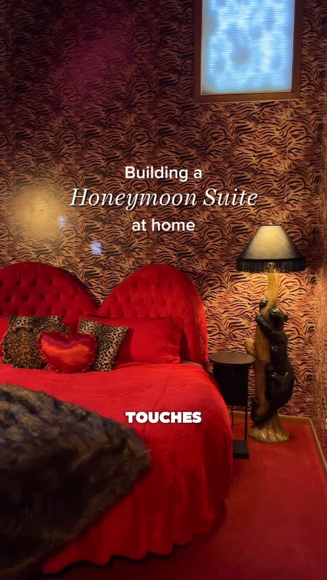 Instagram post by @aprettycoolhoteltour for Spoonflower. Caption reads: Honeymoon Suite final touches are finally here!....