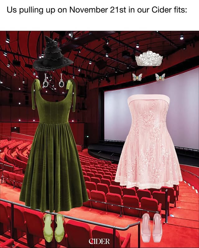 Instagram post by @cidergang for Cider. Caption reads: 2 tickets to Wicked plsss 💚🩷 #shopcider....