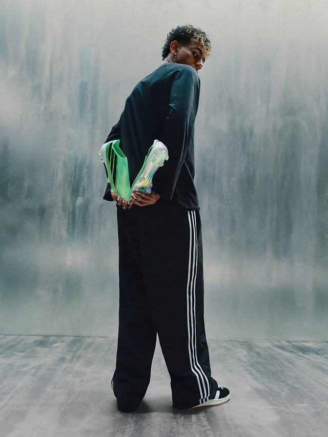 Instagram post by @lamineyamal for adidas Football. Caption reads: publi. welcome to chaos 🟢⚡️.