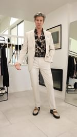 Instagram post by @parkeryorksmith for Suitshop. Caption reads: Styling @suitshopofficial suits with Hawaiian....