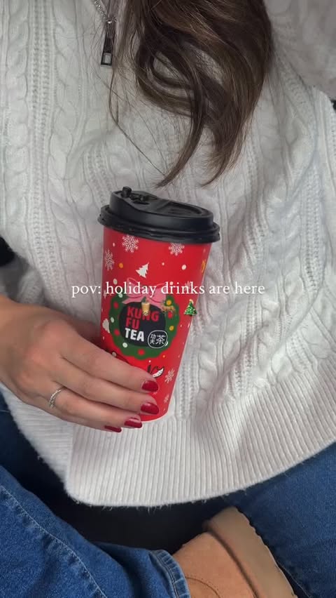 Instagram post by @gizmkaradeniz for Kung Fu Tea. Caption reads: Holiday drinks are HERE and my cozy girl era is....