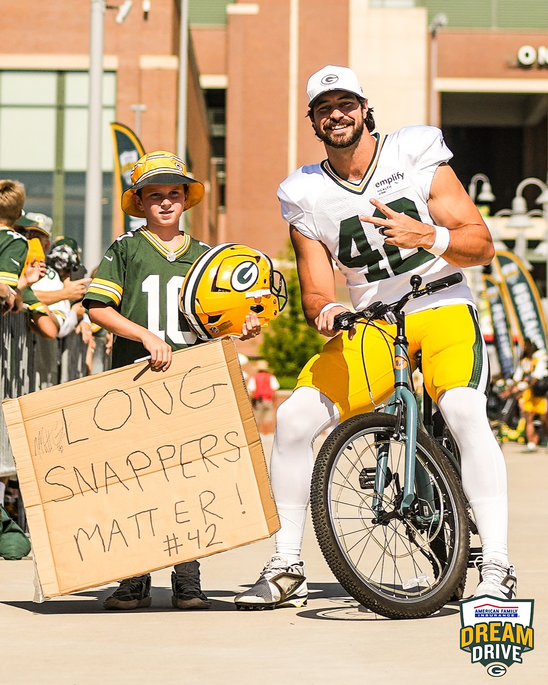 Instagram post by @mattheworzech46 for American Family Insurance. Caption reads: SAY IT LOUDER FOR THE PEOPLE IN THE BACK 🗣️.