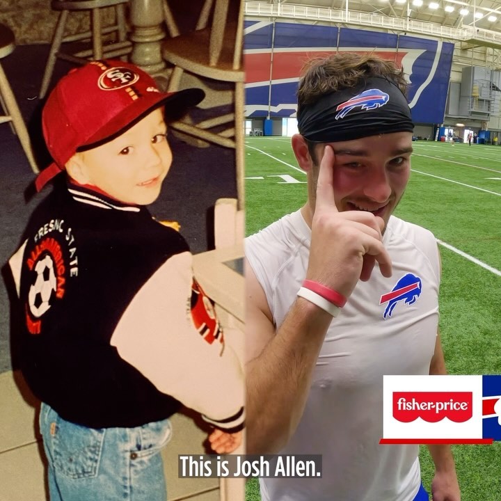 Instagram post by @buffalobills for Fisher-Price. Caption reads: Guess your teammates’ baby photo. 😂 #GoBills....