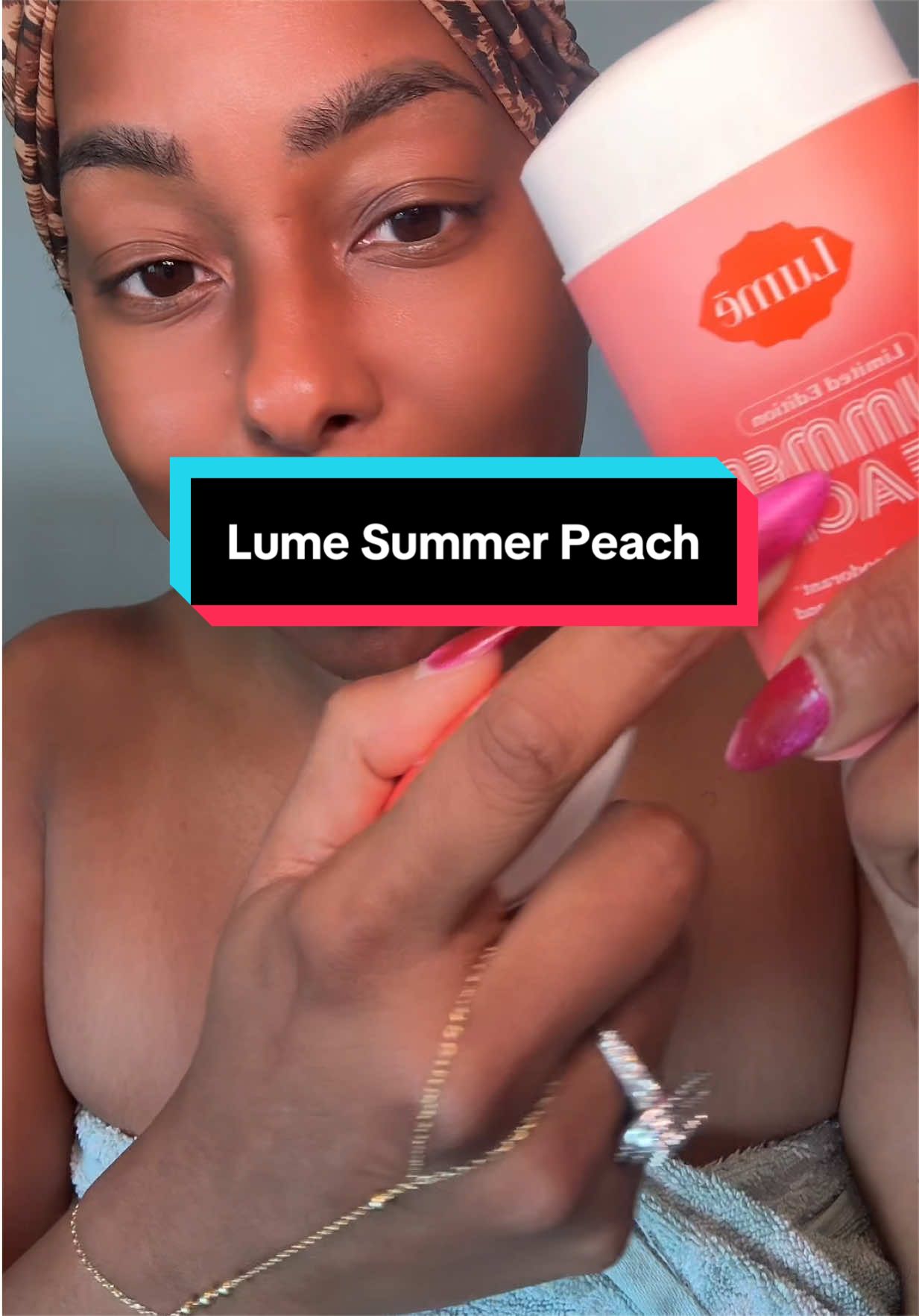 TikTok post by @enhancedbeautybykori for Lume Deodorant. Caption reads: [...] I've really enjoyed the Summer Peach Lume....