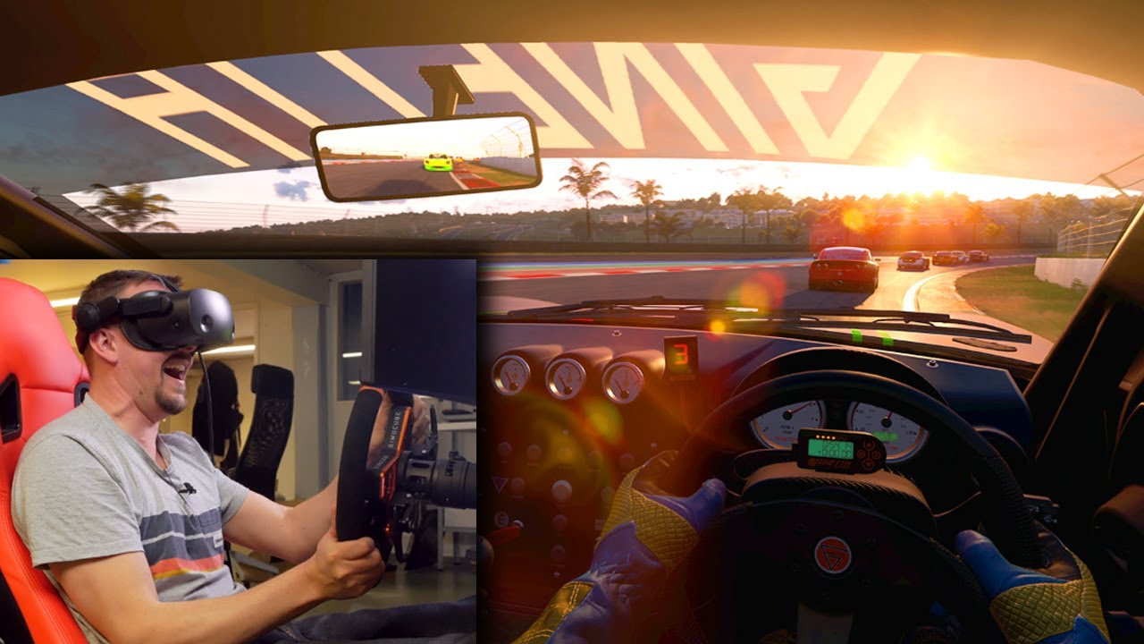 YouTube post by @iotech for SIMUCUBE. Caption reads: TÄMÄ ON MAHTAVAA! Ajosimulaattori VR-laseilla....