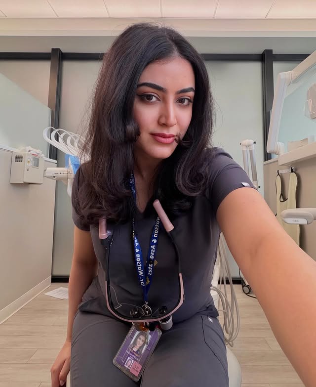 Instagram post by @atiyeh_yz for FIGS. Caption reads: dental school is {almost} in the books !🥹🏁.