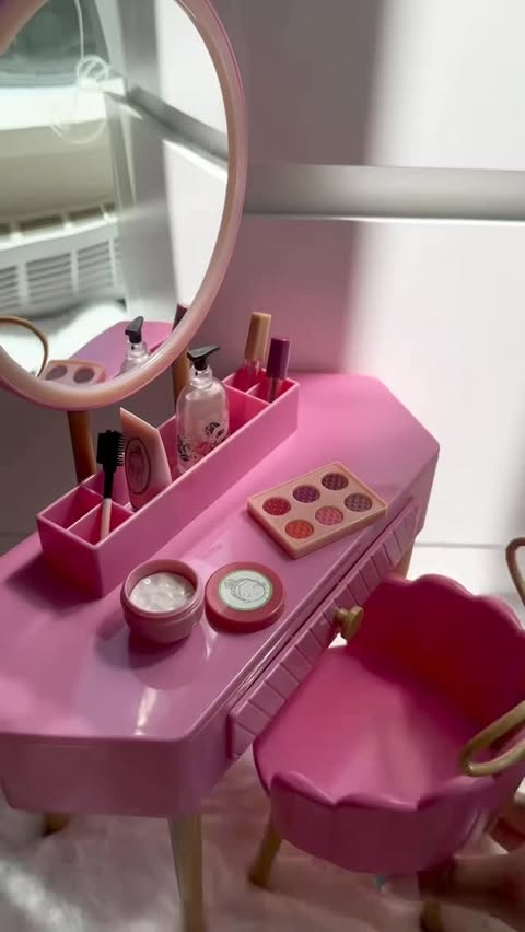Instagram post by @defintiely for Our Generation Dolls. Caption reads: Re-organizing my mini makeup vanity desk 💕💋💄....