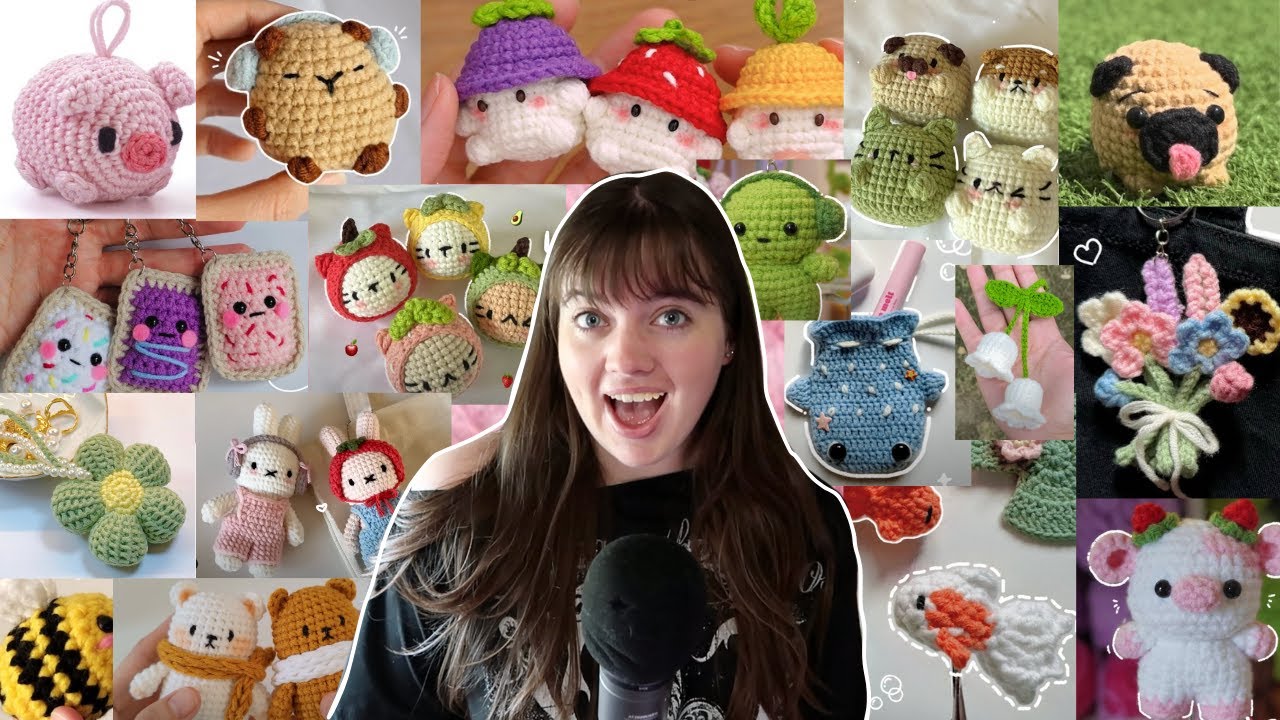 YouTube post by @omazingpaige for Yarnspirations. Caption reads: 80+ CUTE KEYCHAIN crochet ideas with FREE patterns....