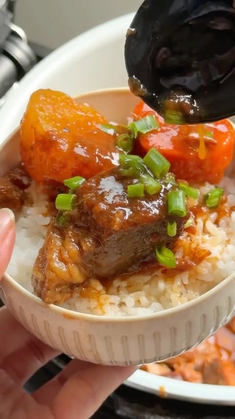 Instagram post by @theramengirl for SharkNinja. Caption reads: Beef stew AND steamed vegetables. Same pot. Zero....