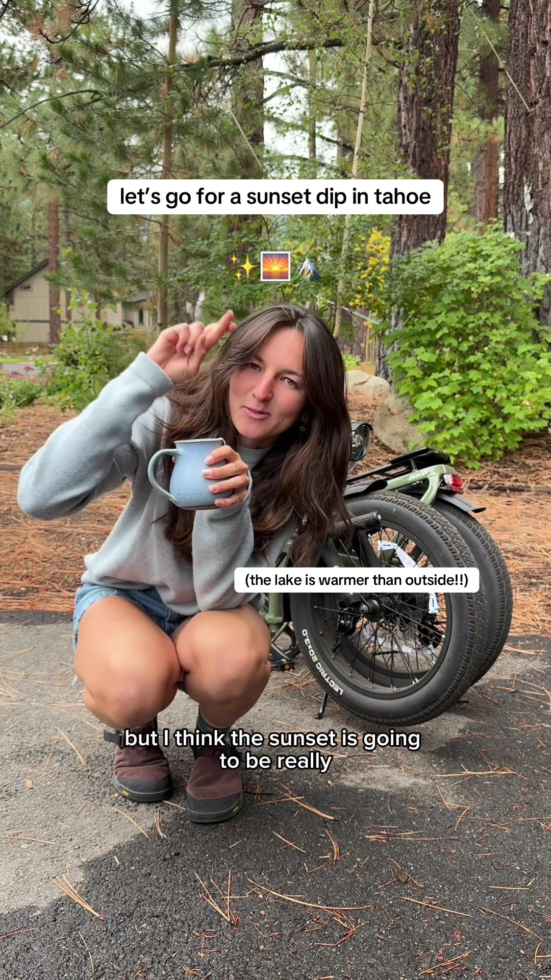 TikTok post by @theadventureaddicts for Lectric eBikes. Caption reads: the sunsets right now are PERFECT ✨🍂  (AD) it’s....