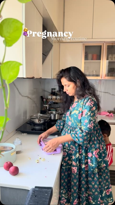 Instagram post by @myra_sharma_09 for Akshayakalpa Organic. Caption reads: 9th pregnancy morning routine 🤍✨ Prioritising....