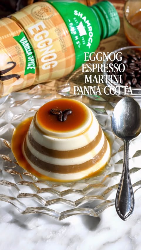 Instagram post by @foodmymuse for Shamrock Farms. Caption reads: Eggnog Espresso Martini Panna Cotta AKA the....