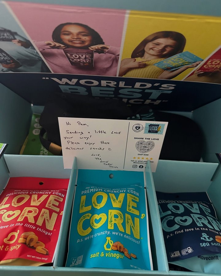Instagram post by @two__boys__me for LOVE CORN. Caption reads: They should have great snacks, my son loved these....
