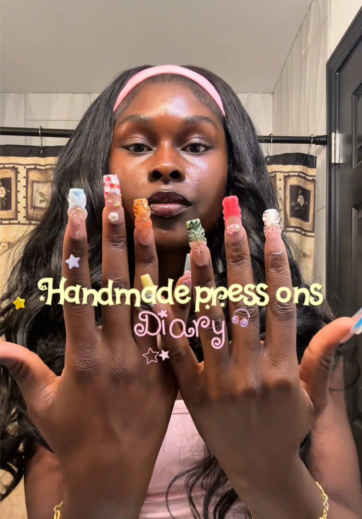 TikTok post by @nehemiiee_ for Nailvesta. Caption reads: Handmade press ons ❤️❤️ @NailVesta #pressonnails....