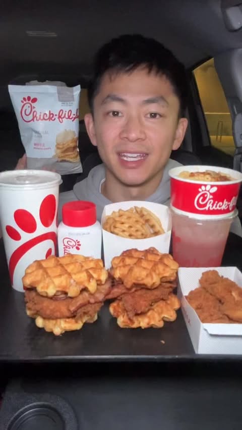 Instagram post by @thejcheneats for Chick-fil-A. Caption reads: Trying @chickfila Waffle Chicken Sandwich....