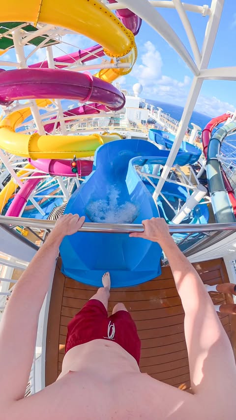 Instagram post by @themepark_explorers for Norwegian Cruise Line. Caption reads: If you push off well, even small slides can feel....