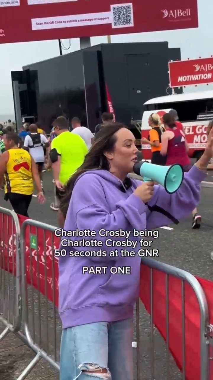Instagram post by @thecharlottecrosby for JustGiving. Caption reads: pure chaos at the #GreatNorthRun with....