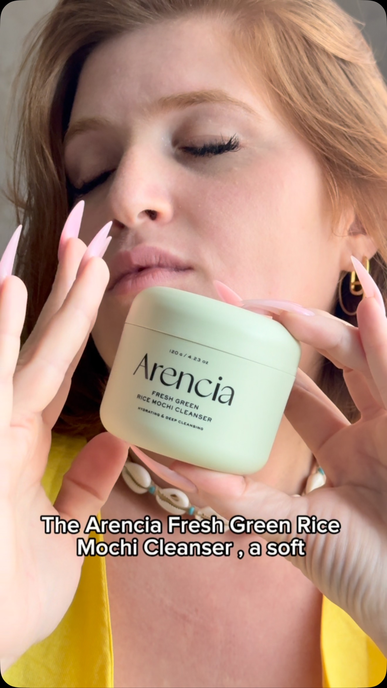 Instagram post by @redmone_ for Arencia. Caption reads: Arencia Fresh Green Rice Mochi Cleanser....