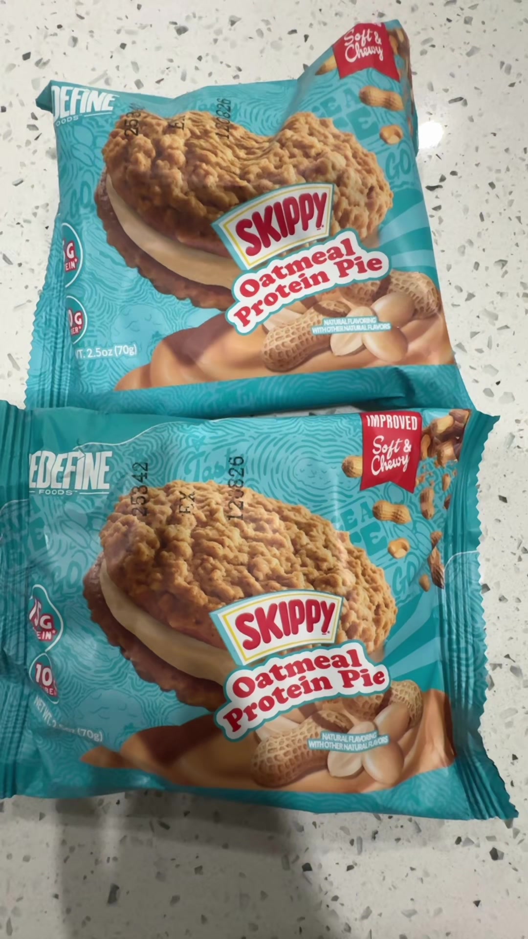 TikTok post by @staci5318 for redefinesnacks.com. Caption reads: Skippy Oatmeal Protein Pie 15g w/Natural Peanut....