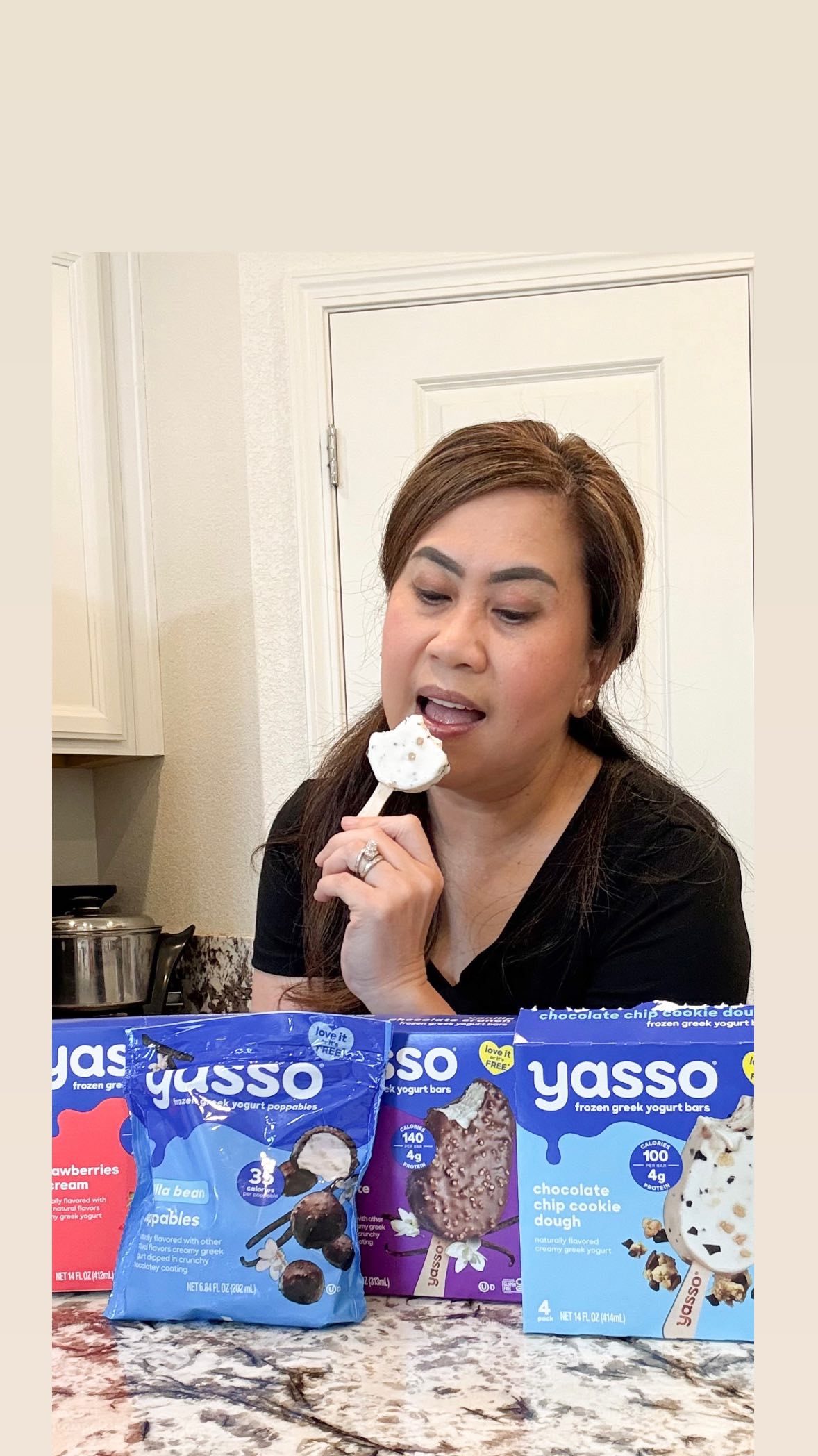 Instagram post by @simplypetiteray for Yasso. Caption reads: Freezer refresh… but make it delicious!....