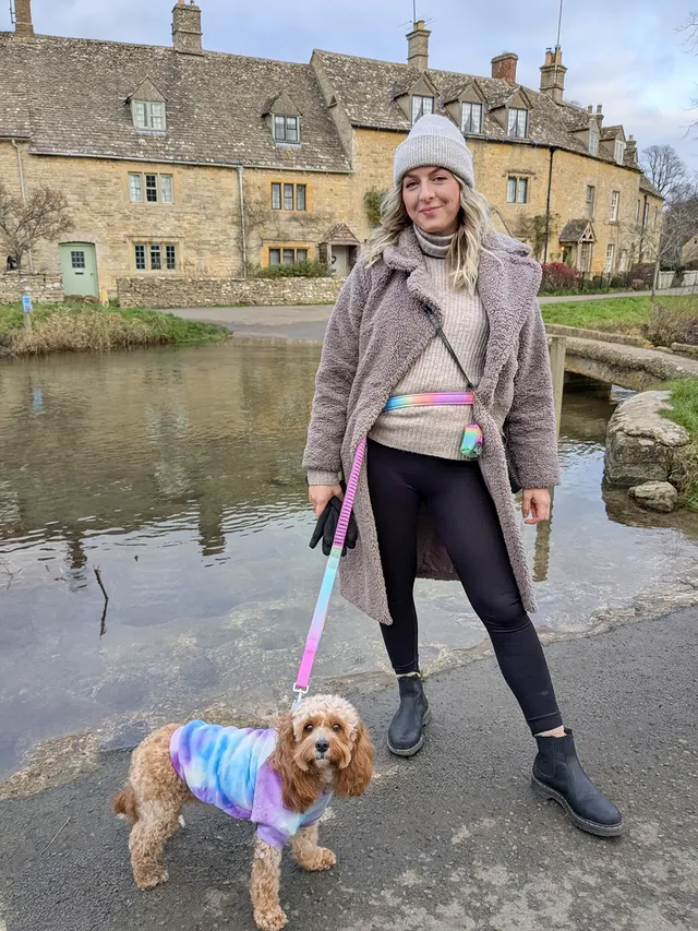 Instagram post by @penny.the.teddy for Spark Paws. Caption reads: [...] new pastel icing hands free lead from....