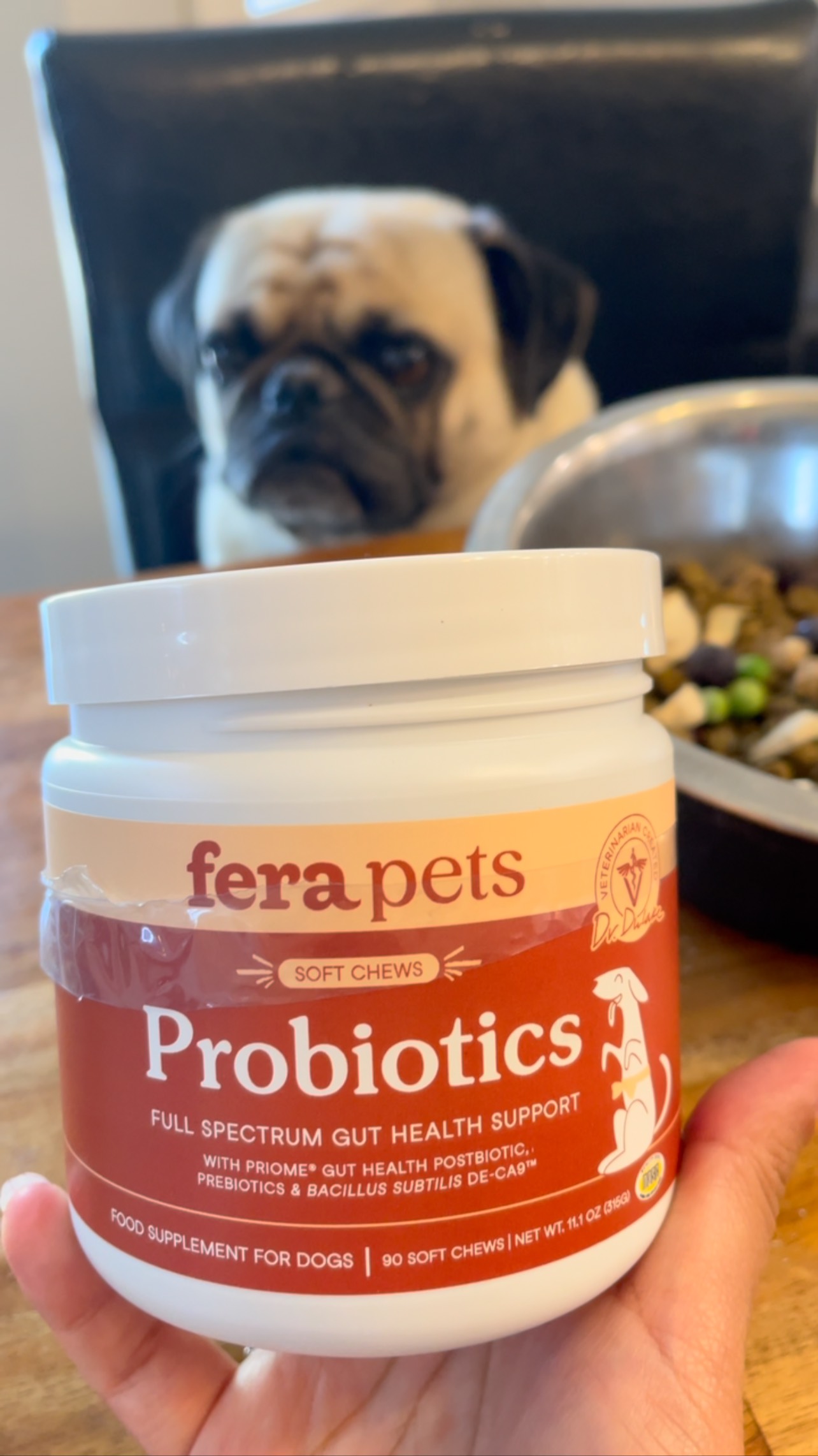 Instagram post by @simbanala_thepugs for Pupfluence. Caption reads: [...] to keep the dog healthy 😁 @ferapets....