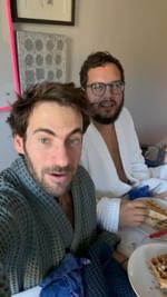 Instagram post by @gus.heagerty for Brooklinen. Caption reads: I'm waffle-y good at puns. #ad Spent the morning....