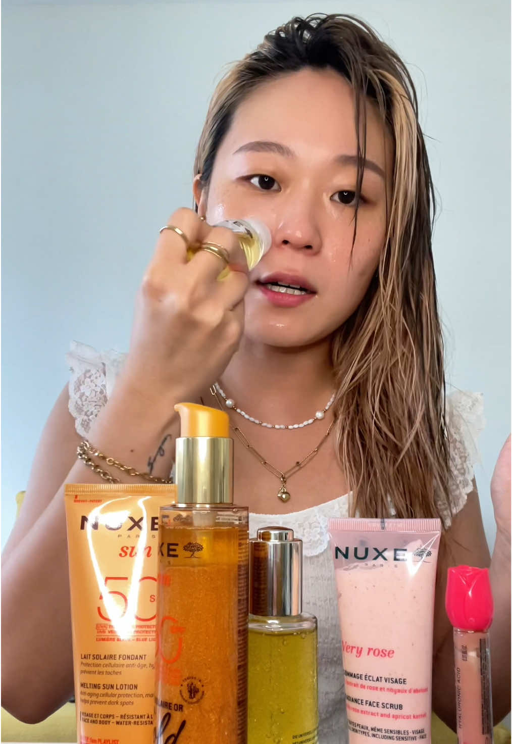 TikTok post by @sominiiiiii for NUXE. Caption reads: [...] français sont populaires en 🇰🇷! @Nuxe....