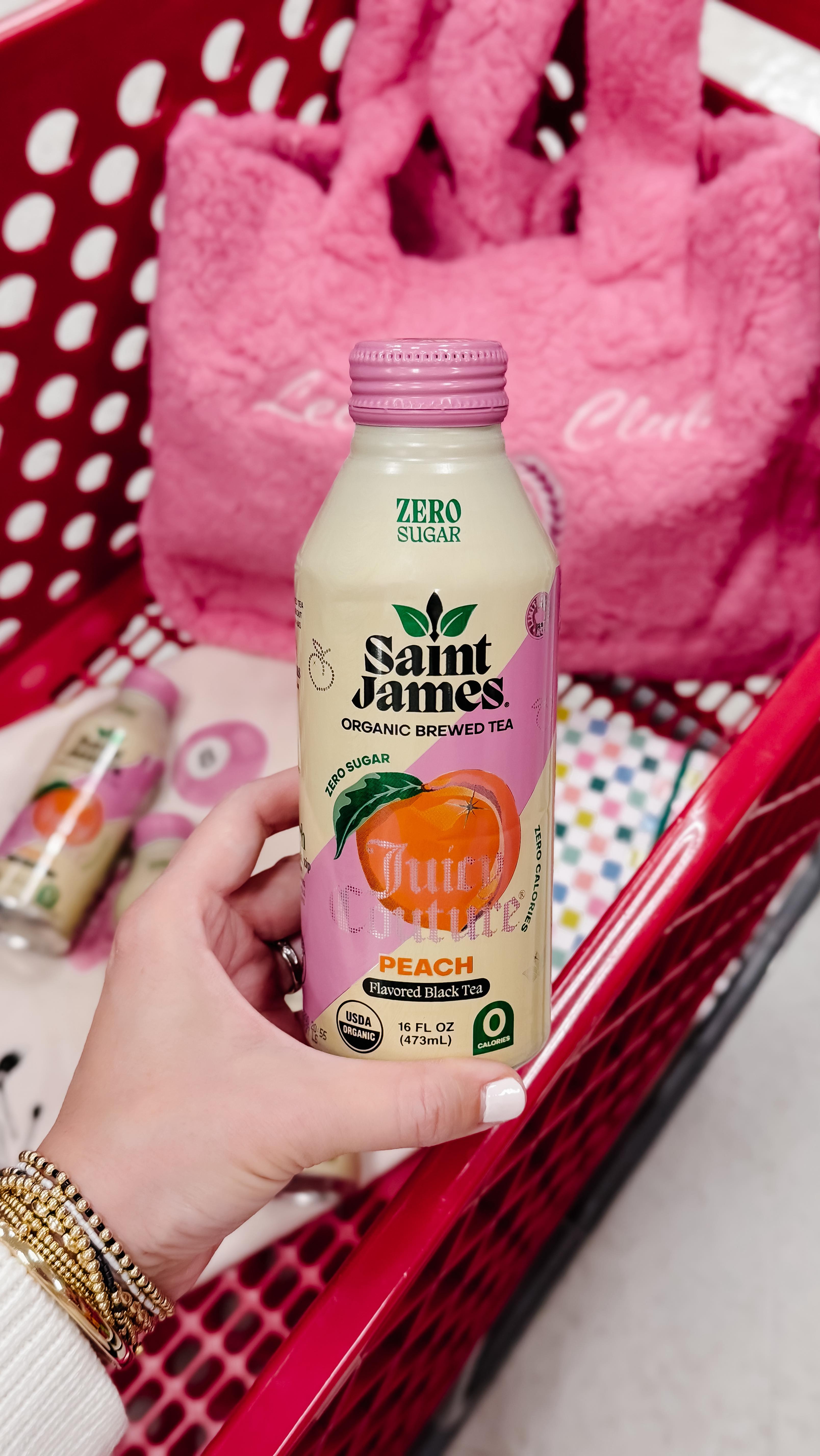 Instagram post by @target_cheer for Saint James Iced Tea. Caption reads: @saintjamesicedtea with a side of Juicy Couture 💖....