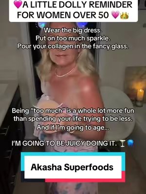 TikTok post by @honeygetsherglow for Akasha Superfoods. Caption reads: [...] #SkinOver50 #HealthyAging @Akasha Superfoods.