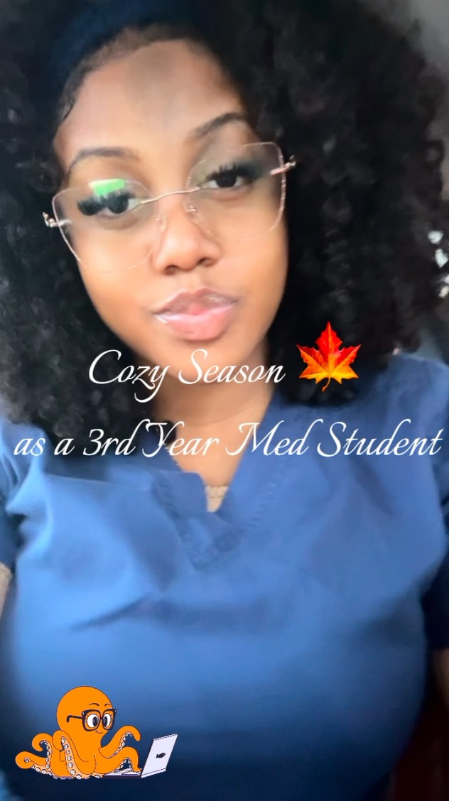 Instagram post by @thejaymonet for Chegg. Caption reads: Cozy Season as a 3rd Year Medical Student 🍁 #Ad....