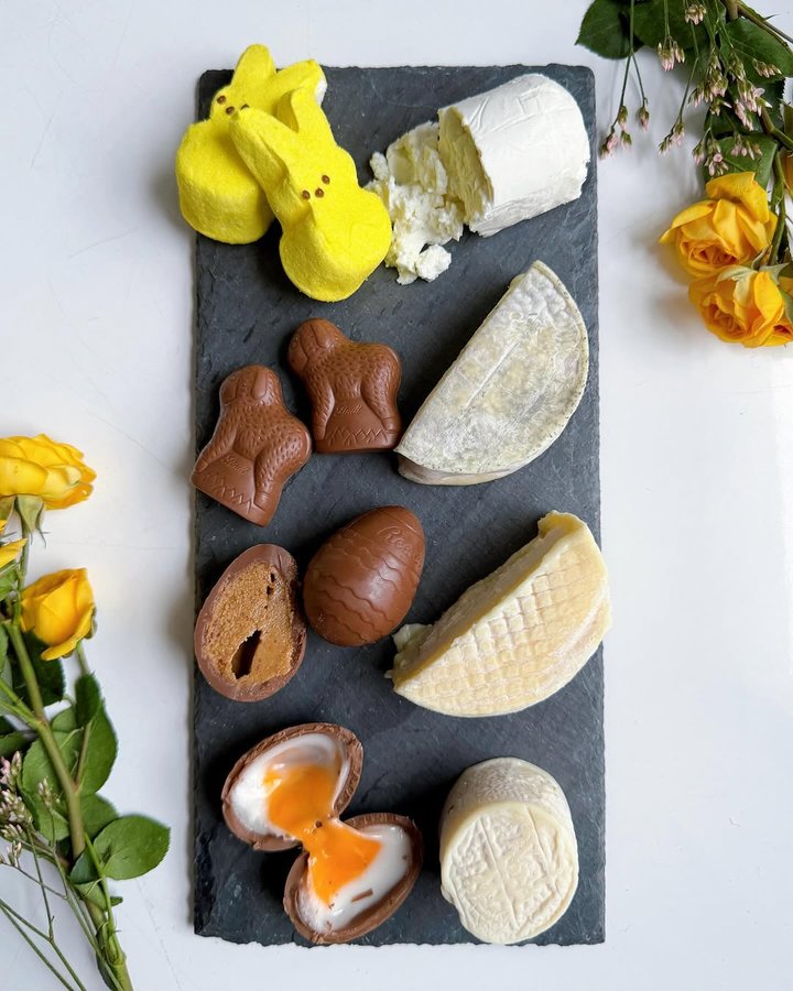 Instagram post by @thatcheeseplate for Vermont Creamery. Caption reads: EASTER CANDY + CHEESE PAIRINGS with....