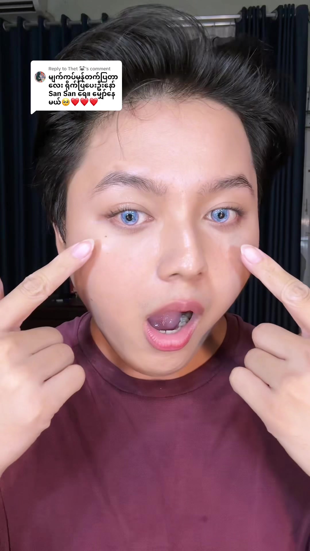 TikTok post by @makeup_san for TTDeye. Caption reads: Replying to @Thet 🐼 ပထမဦးဆုံးမျက်ကပ်မှန် try-on....