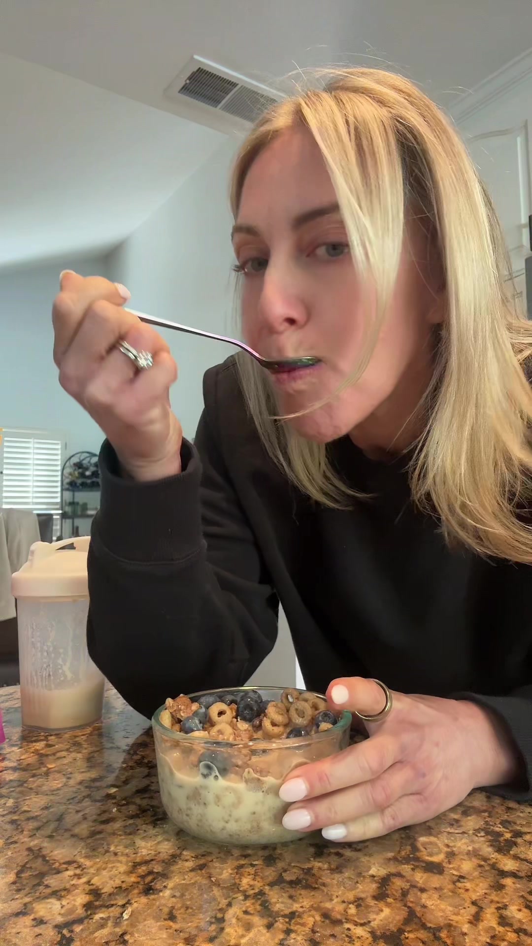 TikTok post by @carlyhealthyeats for Ballerina Farm. Caption reads: Protein cereal featuring @Ballerina Farm Store....