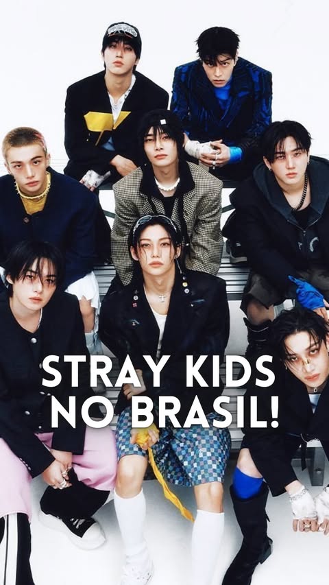 Instagram post by @estranhatv for Rock in Rio. Caption reads: MEU MOMENTO CHEGOU! Stray Kids volta ao Brasil no....