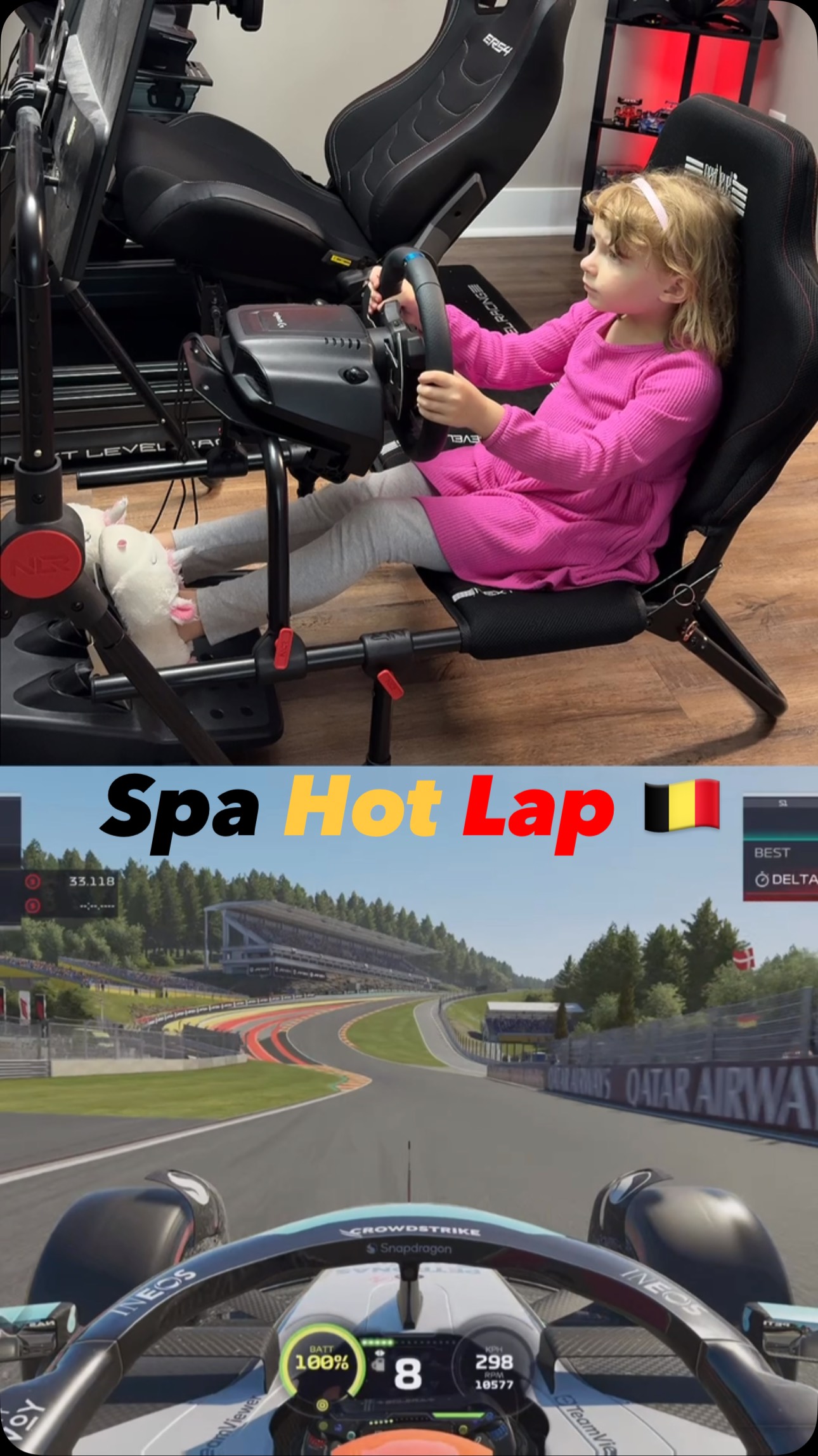 Instagram post by @pyfpointracing for Next Level Racing. Caption reads: [...] @next_level_racing — Her setup: Next Level....