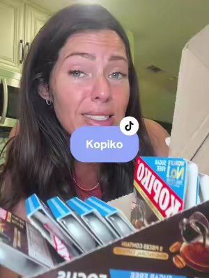 TikTok post by @kayetheldickerson for Kopiko USA. Caption reads: •natural• caffeine + less teeth staining +....