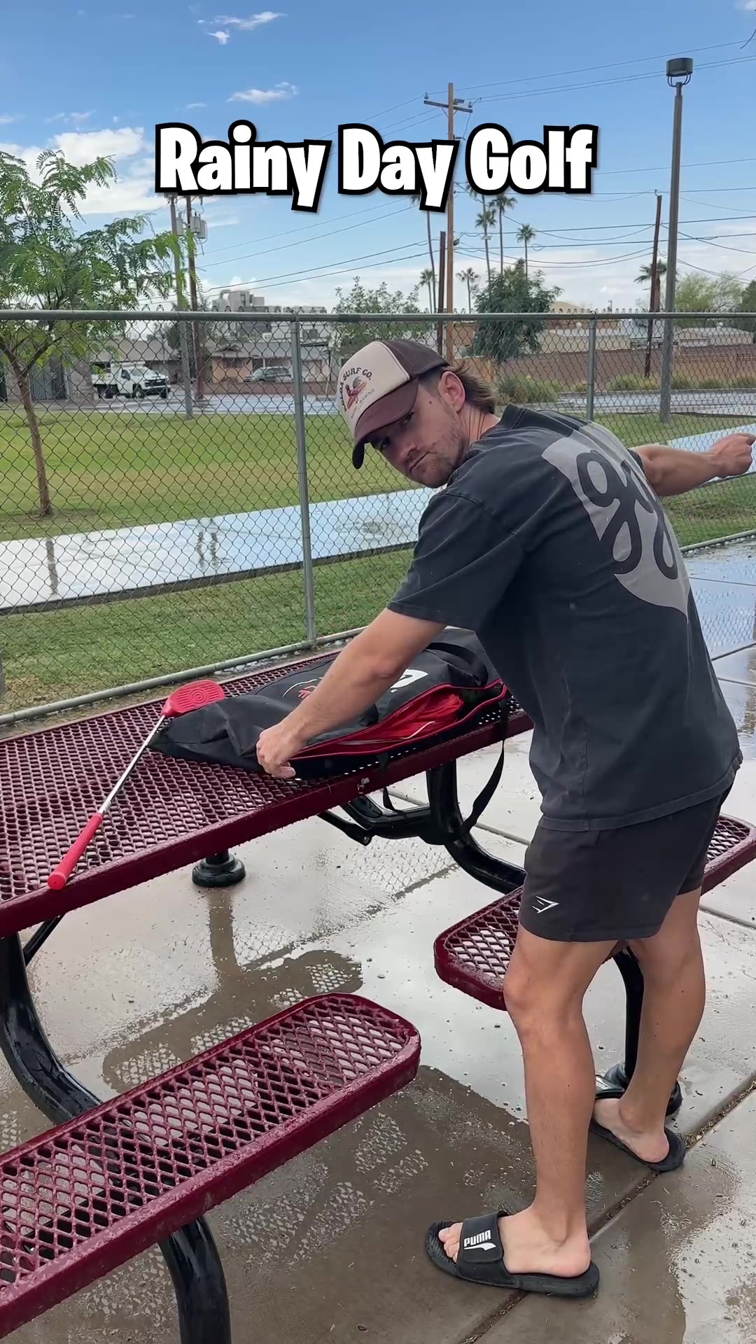 TikTok post by @samjagodagolf for Bucketgolf Game. Caption reads: What do I do when it rains in Arizona? The golf....