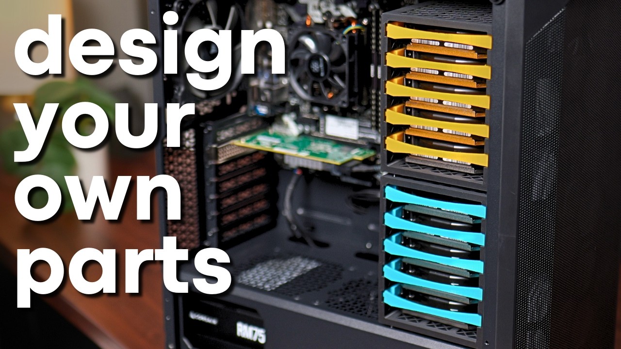 YouTube post by @HardwareHaven for Thingiverse. Caption reads: Design Your OWN 3D-Printable PC Parts (It's....