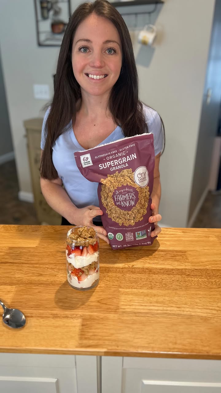 Instagram post by @kristina_vega_ for One Degree Organics. Caption reads: Greek yogurt, strawberries and this incredible....