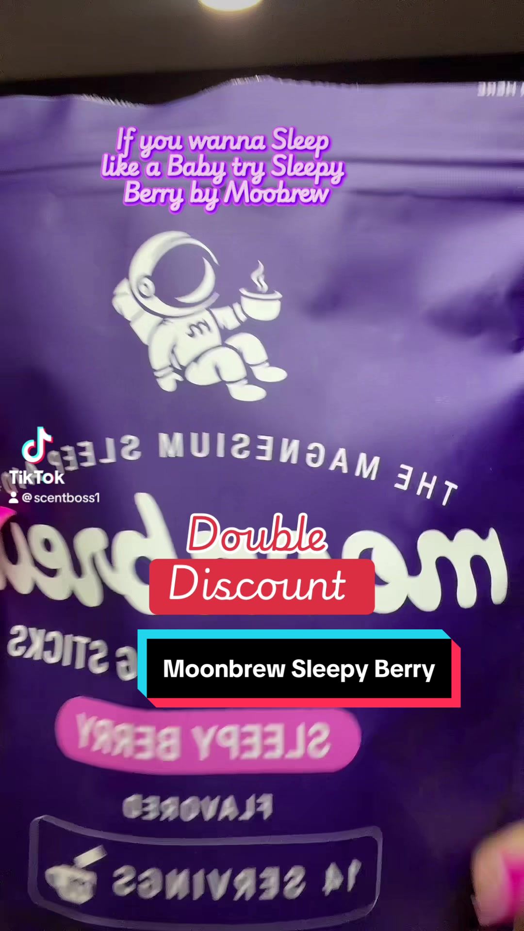 TikTok post by @scentboss1 for MoonBrew. Caption reads: Sleep like a baby with Sleepy Berry @MoonBrew....