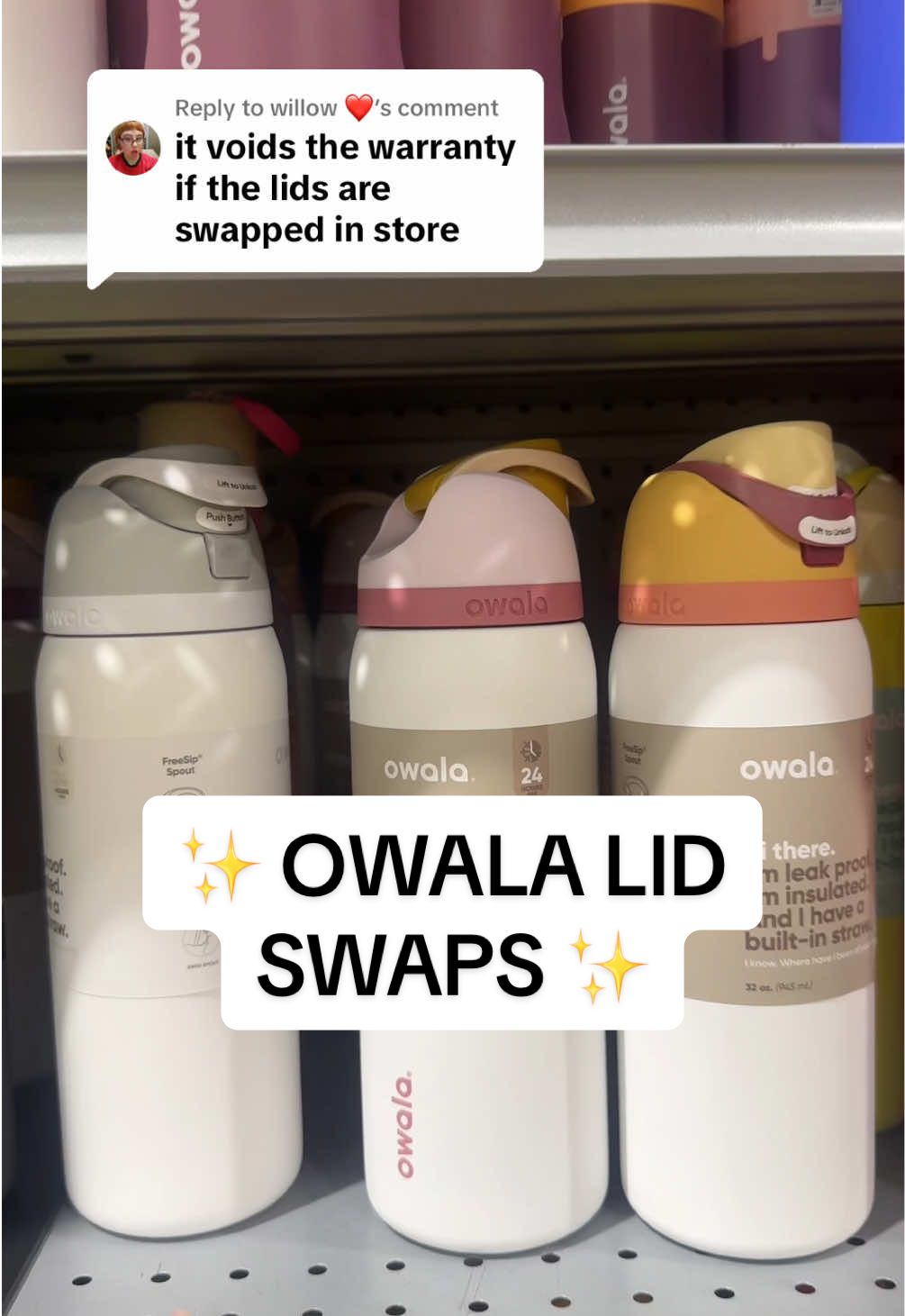 TikTok post by @dailywithcaroline for Owala. Caption reads: Replying to @willow ❤️ get your Owala and don't....