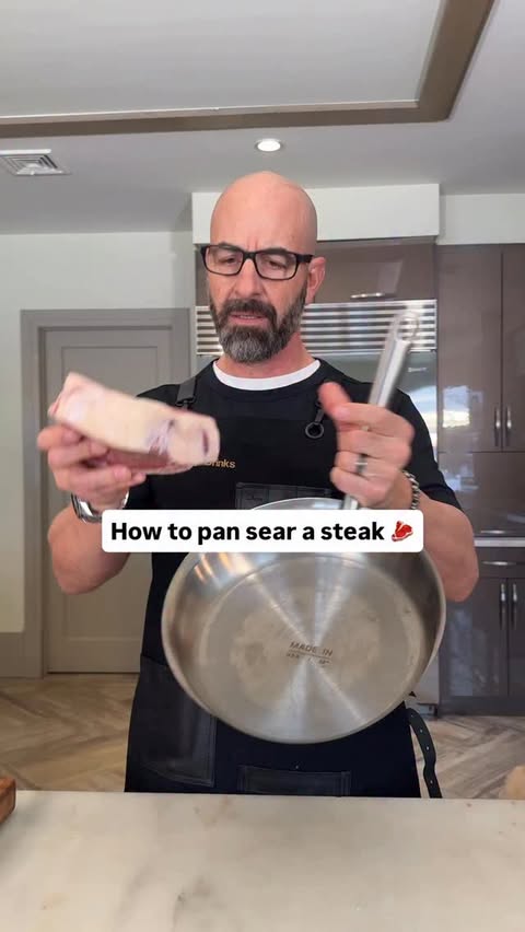 Instagram post by @johnnydrinks_ for Made In Cookware. Caption reads: How to pan sear a steak 🥩 
Using our stainless....
