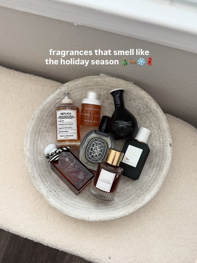 Instagram post by @coffee.and.concealers for Diptyque. Caption reads: fragrances that feel like christmas ☃️🧦🌲

there....