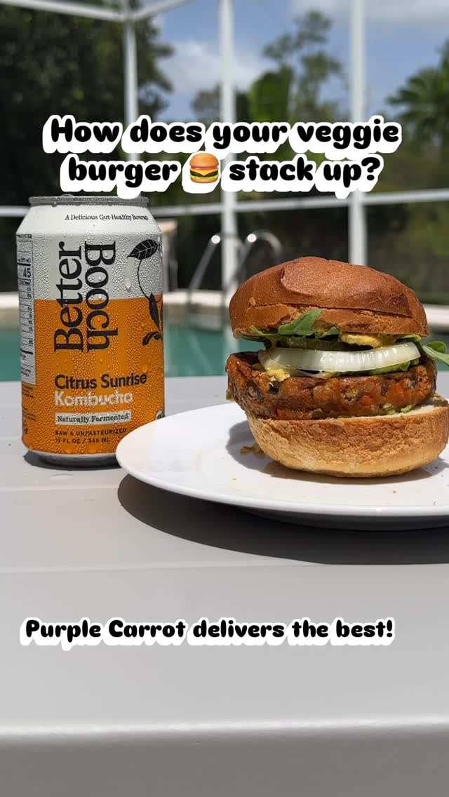 Instagram post by @jennyg2bfit for Purple Carrot. Caption reads: 🍔 Stock up all summer on plant-based foods with....